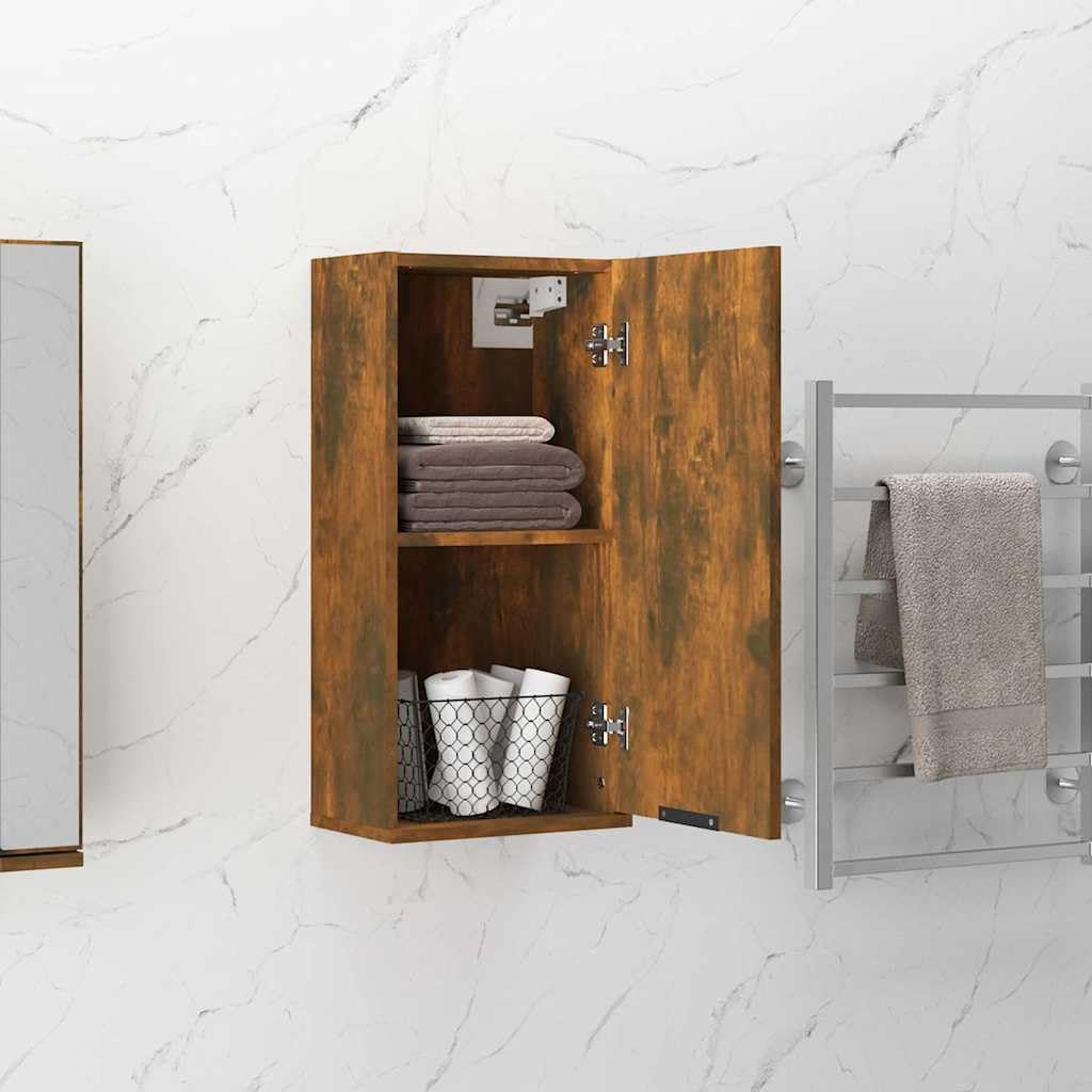 Mobile da bagno da parete in legno di rovere affumicato, 32 x 20 x 67 cm, con anta e mensola, mobile da bagno per ospiti WC e bagno, montaggio a parete per ordine e spazio