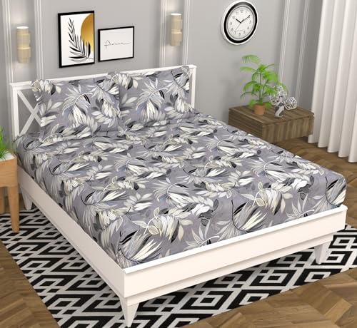 Image of HOMEKART Prime Collection Microfiber bedsheet for Double Bed with 2 Pillow Covers Breathable | Wrinklefree and Soft Touch 164 TC Pattren Floral Color - Silver and White