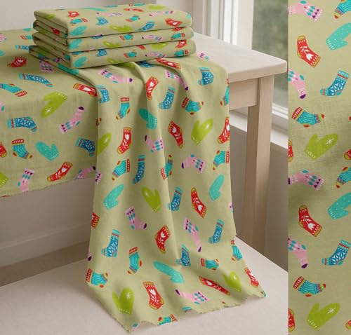 Image of Soimoi Beige Cotton Poplin Fabric Socks & Gloves Folk Art Printed Craft Fabric by the Meter 42 Inch Wide