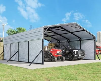 Jocisland 20x20 FT Heavy Duty Metal Carport, All-Weather Car Carport with Waterproof Removable Sidewall, Galvanized Steel Roof & Reinforced Base, Canopy for Full-Sized Pickups, Bass Boats and Tractors