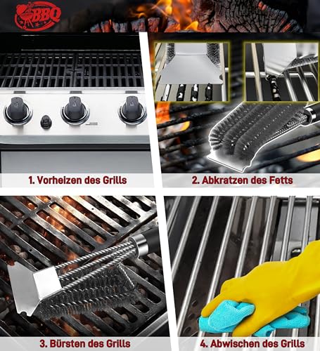 Grillbürste, TNTOR Grill Reinigungsbürste mit Extra Langer Edelstahl Borsten, Edelstahl Spatel und PP Wärmedämmung Griff, für Gasgrill, Holzkohlegrill, Kugelgrill, Elektrogrill und Grillrost. 5