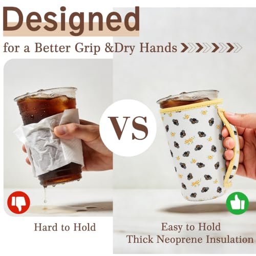 Image of KJQJLY 3 Reusable Iced Coffee Sleeves for Iced Coffee Cups or Drinks Reusable Neoprene Insulated Sleeves for Hot and Cold Drinks from Starbucks, Dunkin, And More (Honey Bee)
