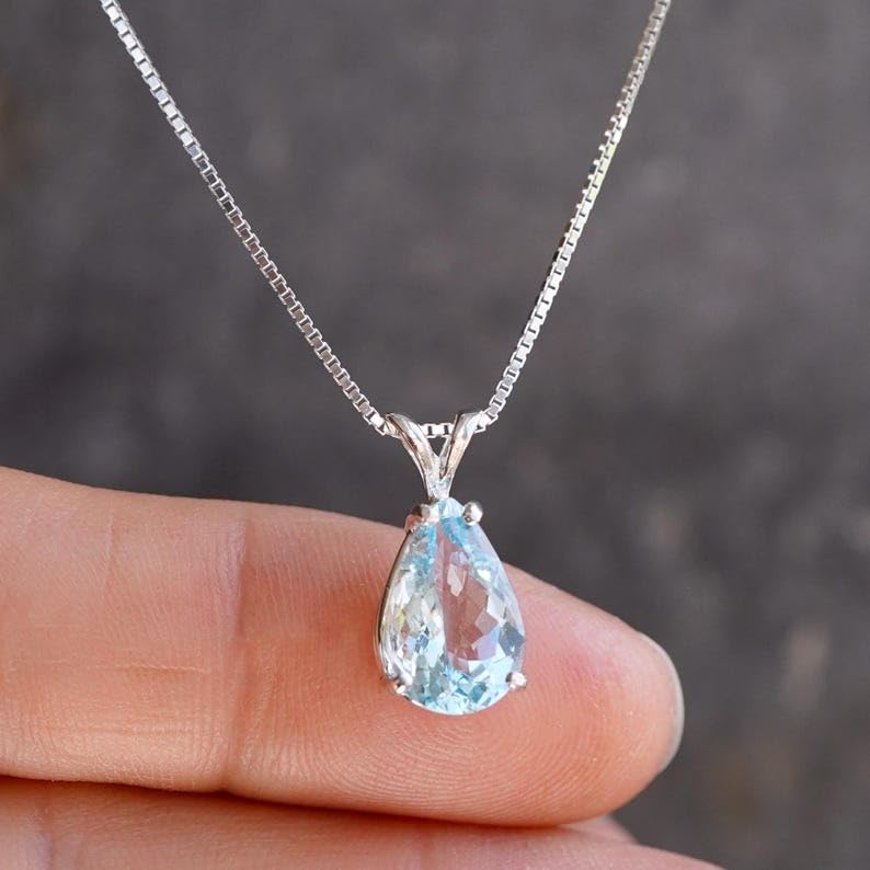 Collar de aguamarina natural en forma de pera con cadena de plata de ley 925 de 45 cm 2