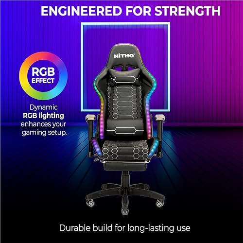 Image of NiTHO HALO RGB Gaming Office Chair with Retractable Footrest | Ergonomic 135 Reclining Computer Chair with USB-Powered RGB Light Strips, Adjustable Armrests, Swivel Chair for Gaming or Work, Black