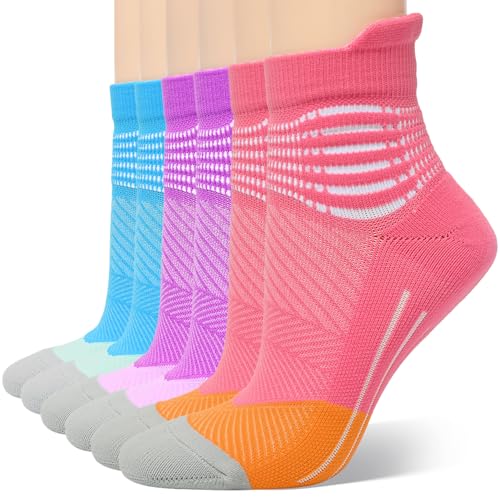 IRAMY Kompressionsstrümpfe Damen Knöchelstütze Laufsocken Compression Socks Kompressionssocken Wicklung Sportsocken Gepolsterte Plantar Fasciitis kurz 3 Pairs (Pink+Purple+Blue M)