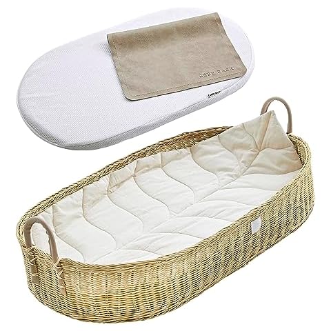 BEBE BASK Premium Baby Changing Basket - Handmade Natural Rattan Moses Basket - Luxury Leaf Liner - Thick & Waterproof Bamboo Pad - Vegan Leather Baby Changing Mat - Baby Changing Pad (Rattan) Cover