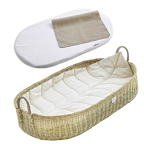 Image of BEBE BASK Premium Baby Changing Basket - Artisan-Crafted Rattan with Extra High Sides - Wicker Changing Basket for Baby Dresser - All Accessories Included - Complete Set for Nursery (Rattan)