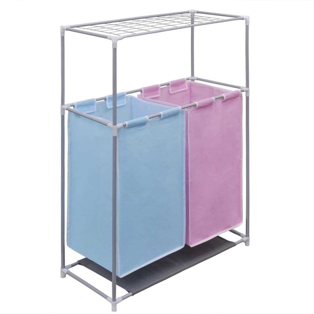 2-Kammer Wäschekorb mit Trockengestell aus Eisenrahmen und Polyester, 70 x 30 x 80 cm, 2 Fächer pink blau, zur Wäsche Trennung und Sortierung im Haushalt