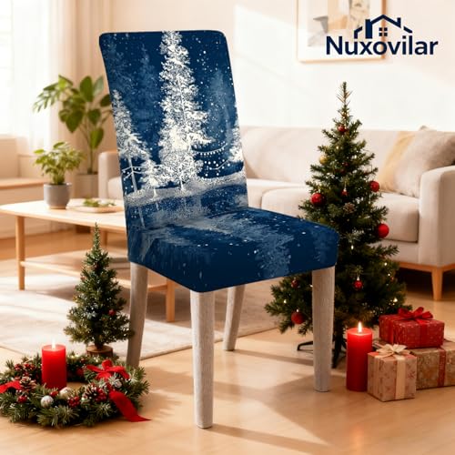 Image of Nuxovilar 4PCS Winter Pine Tree Starry Night Stretch Chair Covers | Holiday Slipcover Nature Protector Pine Wrap Seat Guard Dining Room Family Dinner Gathering (Starry Pine)