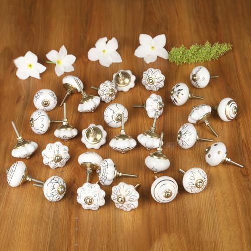 Image of Craft Trade Ceramic Furniture Knobs for Drawer Wardrobe Kitchen Desk Cabinets Dressers Cupboards Vintage Assorted Decorative Golden Print Pull Handle Interior Decor - Pack of 20, Cream