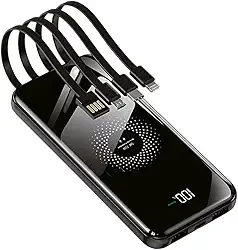 Power Bank 10000mAh com Carregamento por Indução, 4 Cabos Embutidos, USB-C, USB, V8, Lightning, Micro USB, iPhone, Android, Visor LED, Portátil, 6 Dispositivos, Carregador Portátil,