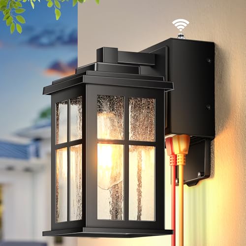Image of Gleamz Outdoor Porch Light with Outlet GFCI, Outdoor Wall Lanterns Sconce | Waterproof, 100% Aluminum, Dusk to Dawn Outside Light with Outlet, Black Exterior Lighting Fixtures Wall Mount for House, E26