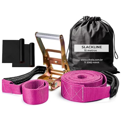 Slackline 15 M Rosa com Catraca Reforçada – Suporta 2 Ton, Cinta com Alças, Protetores e Bolsa de Transporte