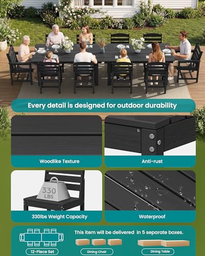 Image of SERWALL Outdoor Dining Sets for 10, HDPE Dining Set with 2 Tables, 8 Armless Chairs and 2 Armed Dining Chairs, Black