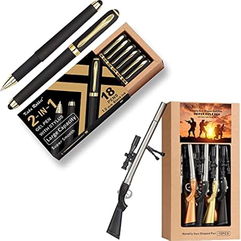 KAKA RABBIT Gel Ink Rollerball Stylus Pen,18 Pack,1.0mm Bold Point,Large Capicity Black Ink&Cool Gun Shape Ballpoint Pen,10 Pack,0.7mm Medium Point,Blue Ink Cover