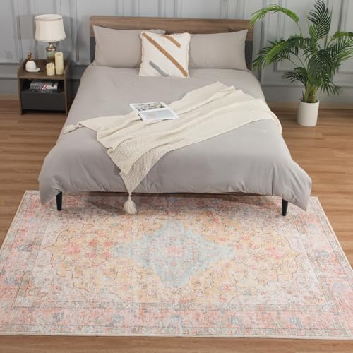4x6 Washable Rug – Boho Non-Slip Indoor Area Rug for Living Room, Bedroom, Dining Room, Entryway – Soft Peach and Sky Blue with Blush Accents