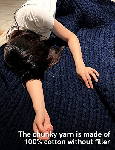 YnM Cotton Weighted Blanket, Handmade Chunky Knitted Design, Soft and Cozy, Temperature Regulating and Breathable, Machine Washable Throw for Sleep or Home Decor (Navy Blue, 60x80 Inch, 25lbs)