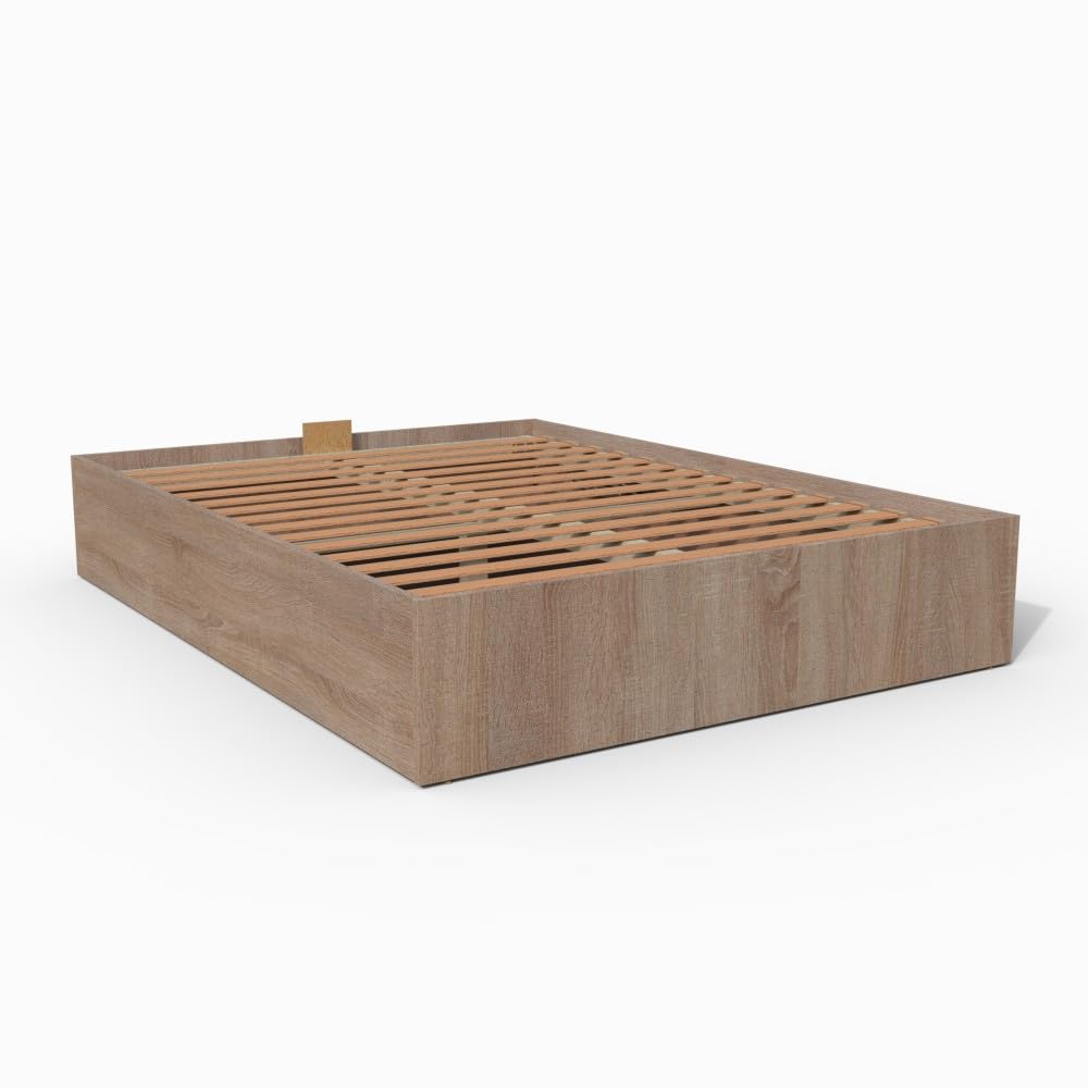 WEBER INDUSTRIES Lit Coffre Bilbao 140x190 cm avec Sommier/Décor Chêne Blanchi/Panneau de Particules/Grand Coffre de Rangement
