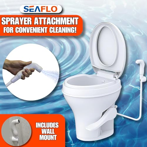 Image of SEAFLO RV Toilet with Sprayer Attachment - White, 18.4 inch Residential Height, Gravity Flush Foot Pedal Camper Toilet Soft Close Seat Elongated Bowl Motorhome, 4-Year Warranty, SFRTPH-01-02