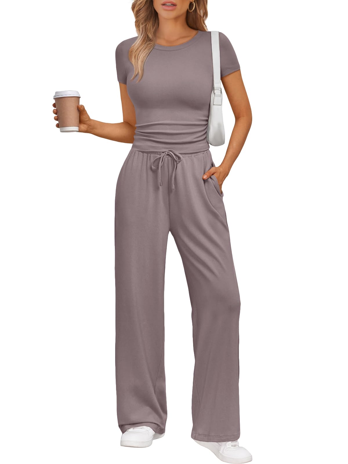 Trendy Queen 2 Piece Matching Summer Sweatsuit Lounge Set Womens Wide Leg Pants Side Ruching Crop Top Sets