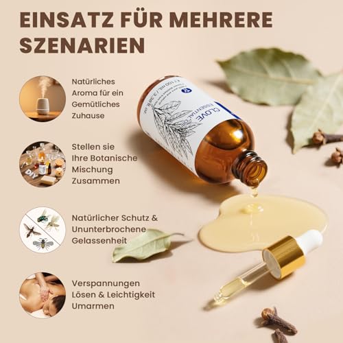 HIQILI Nelkenöl 100ml, 100% Reines Naturreines, Ätherisches Aromatherapie Öl, Duftöle für Aromatherapie,Diffusor, Luftbefeuchter,Hautpflege, Entspannen,Home,DIY