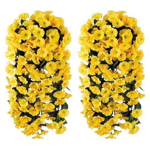 florisso Artificial Fake Hanging Plants Flowers for Outdoor Outside Fall Autumn, 2 PCS Faux Silk Look Real UV Resistant Yellow Morning Glory Vines for Home Porch Patio Planter Cover