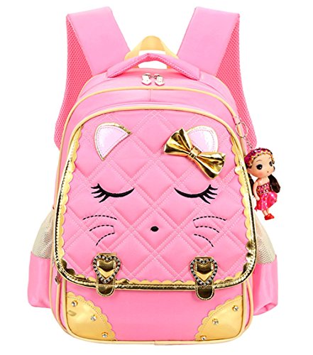 Mysticbags Cat Face Waterproof Kids Backpack School Book Bag for Primary Girls Students, Pink