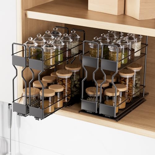 BTGGG 2 Pack Pull Out Spice Rack for Inside Cupboard 2 Tier Sliding Spice Rack Vertical Pull Out Cabinet Organiser Rack Easy to Install Metal Spice Seasoning Organiser for Kitchen Cupboard Cabinet