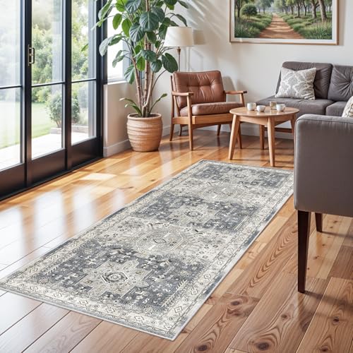 Washable Hallway Runner Rug 2x6: Soft Kitchen Rug Non Slip Rug Runner with Rubber Backing for Living Room Bedroom Bathroom Non Shedding Farmhouse Carpet Runner Rug (Grey, 2X6)