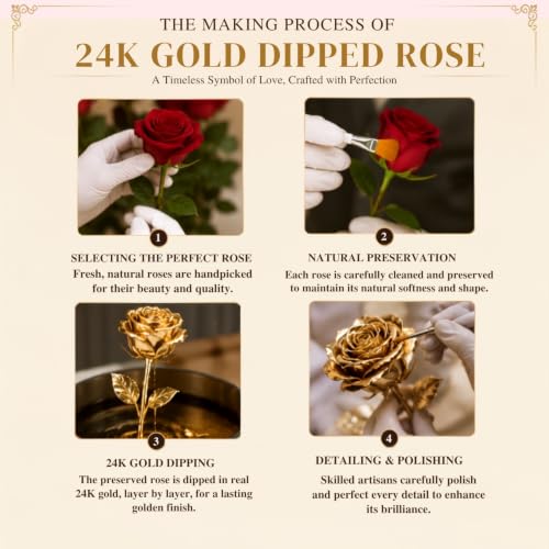 Image of Gold Handmade 24K Gold Dipped Rose with Gift Box | Antique Shiny & Real Preserved Flower for Women, Ideal for Anniversary, Valentine's Day, Fathers Day, Birthday, Wedding, Wife and Girlfriend