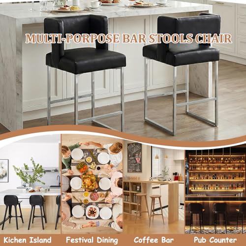 Image of 26 inch H Bar Stools Set of 4 with Back, Faux Leather Counter Height Stools with Footrest, Square Metal Frame, Modern Upholstered Bar Chairs for Kitchen Island /Dining Room, Black & Silver Legs