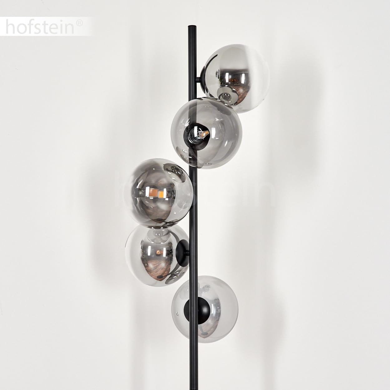 Stehleuchte Remaisnil, Stehlampe aus Metall/Glas in Schwarz/Rauchfarben/Klar, Standlampe im Retro/Vintage-Design mit Schirmen aus Glas (Ø 15 cm) u. Fußsschaler, Höhe 160 cm, 5 x G9, ohne Leuchtmittel