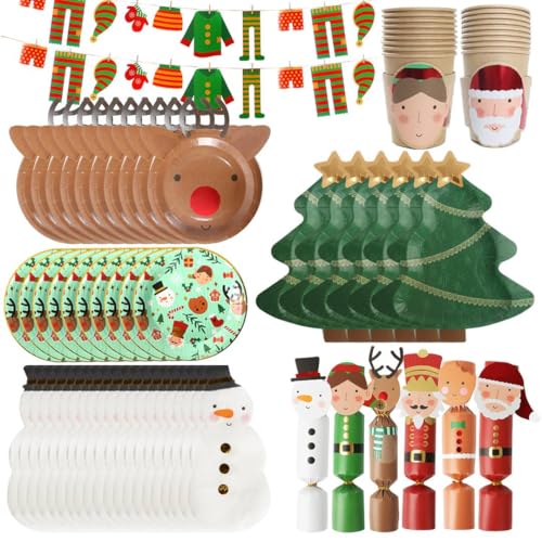 I LOVE FANCY DRESS Christmas Partyware - Set di 64 bandierine per bucato, piatti natalizi assortiti, bicchieri di Babbo Natale ed elfi, tovaglioli con pupazzo di neve, set di decorazioni natalizie