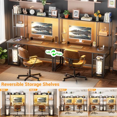 Image of Cyclysio Gaming Desk with Hutch, 47'' Computer Desk with LED Lights & Power Outlets, Home Office Desk with Reversible 5 Tiers Storage Shelves & Monitor Stand, Small Gaming Table for Small Space, Black