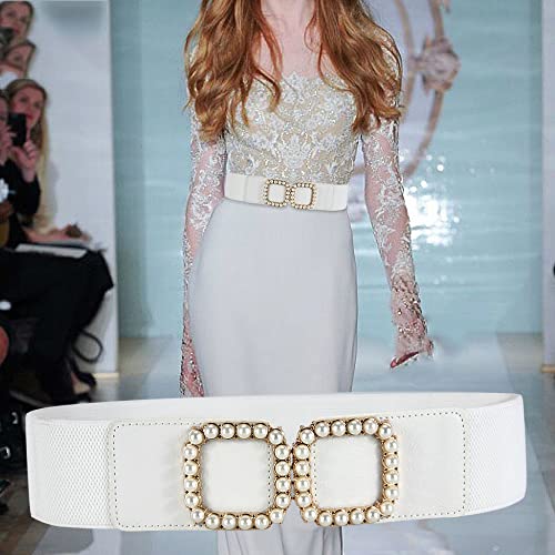 YOU&M Women's Elastic Wide Pearl-Buckle Stretch Waist Belts for Elegant Dress2