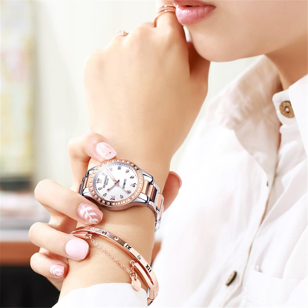 Guanqin Vintage Frauen Kalender Leuchtend Automatisch Selbstaufzug Mechanische Armbanduhr Saphir Kristall Strass Business Wasserdicht Uhr Lady Stilvolle Edelstahl Armbanduhr