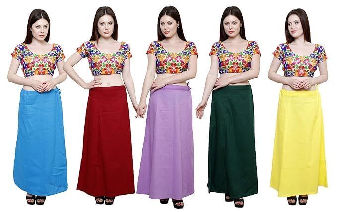 Image of Vlazom Women's Cotton Saree Petticoat - Pack of 5 Inskirts | Soft & Breathable Underskirts | Adjustable Drawstring Waist | Multicolor for Daily & Occasion Wear