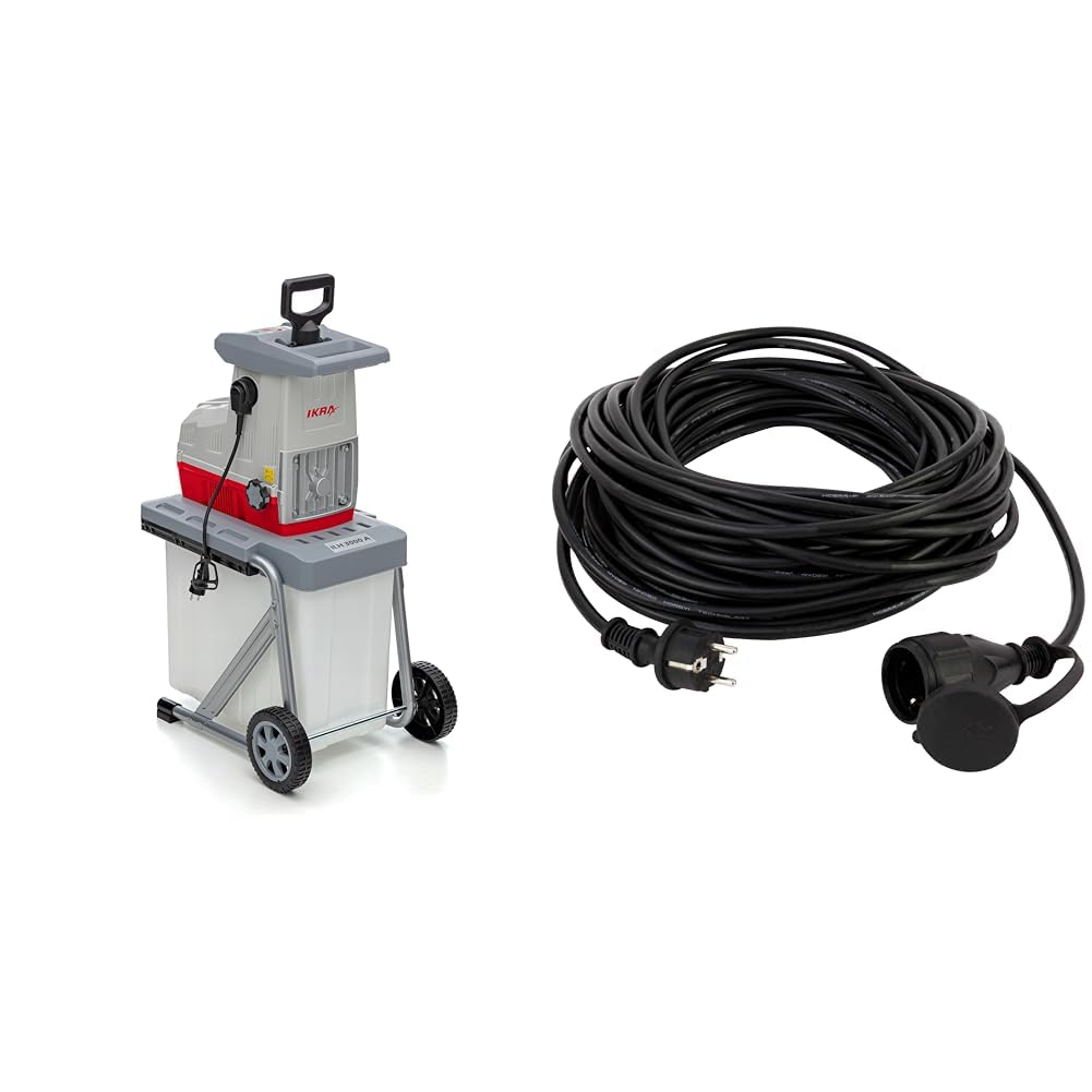 IKRA 81002880 Elektro Gartenhäcksler Walzenhäcksler ILH 3000 A,Starke 3.000 Watt, 230 V & REV 0065109 Verlängerung, Verlängerungskabel Aussenbereich wasserd. 10m 3680W, schwarz