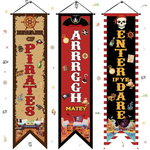 Image of Chiisong 3 Pcs Pirate Banners Beware of Pirate Porch Sign Treasure Hunt Hanging Flags Skull Halloween Party Decorations Birthday Photo Props Backdrop Supplies for Outdoor Door Wall Yard Camping