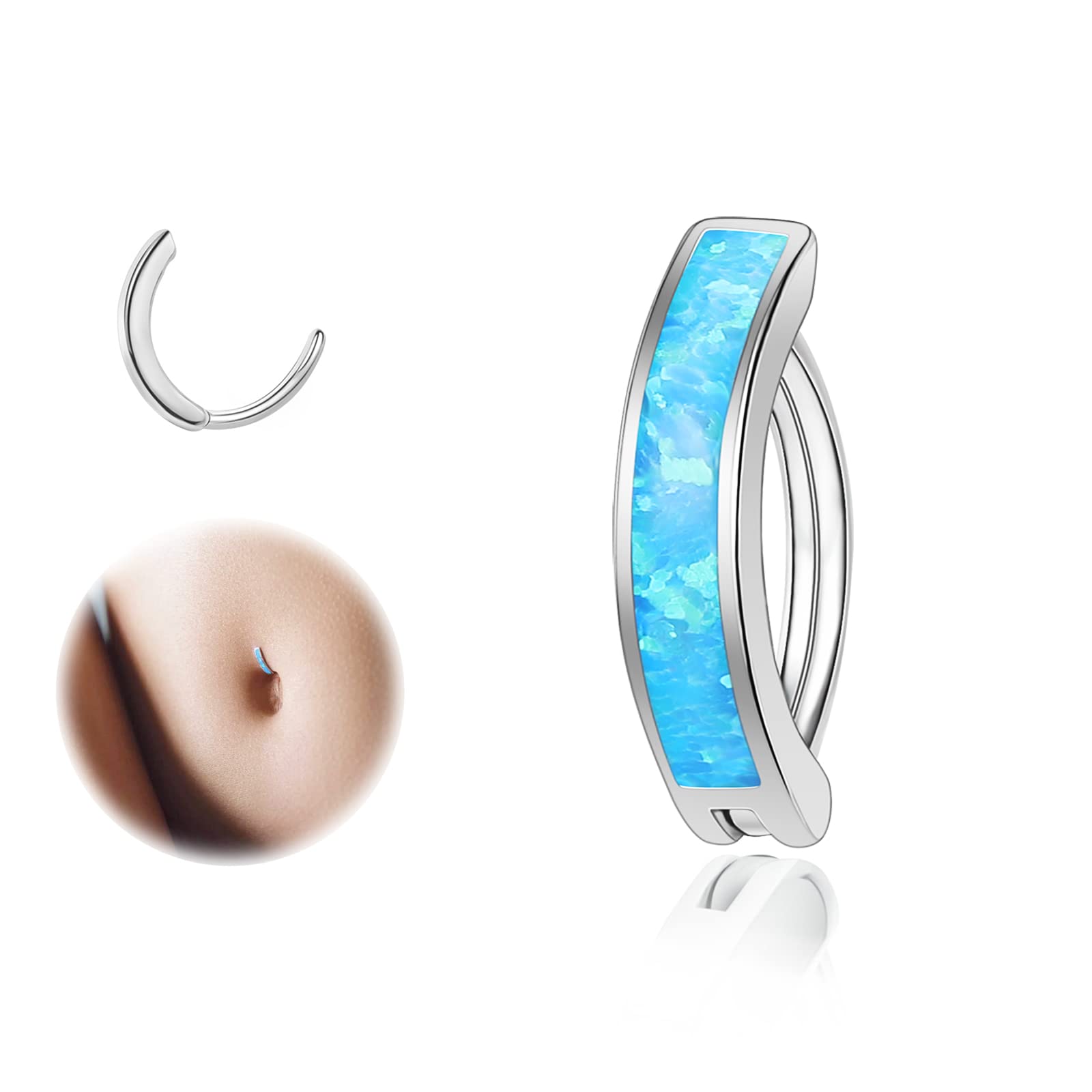ZSPiercing de ombligo de plata de ley 925 con ópalo para mujer, barra de ombligo curvada inversa, joyería corporal