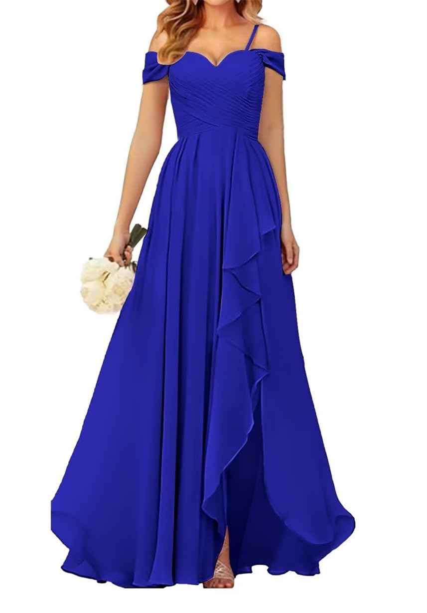 Wseyu Women's Royal Blue Off Shoulder Bridesmaid Dresses With Slit Spaghetti Straps Chiffon Formal Party Evening Gown Uk16