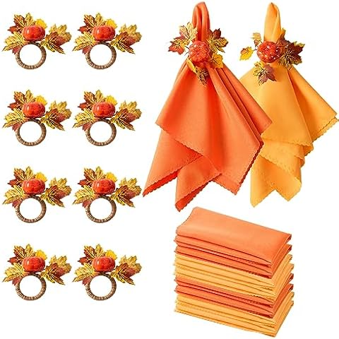 WORTHYEAH Fall Napkins, Fall Napkins Set of 16, Thanksgiving Napkin Rings Set of 8 PCS & 8 PCS Fall Cloth Napkins for Thanksgiving Table Decorations, Fall Banquet, Holiday Dinner Party Cover