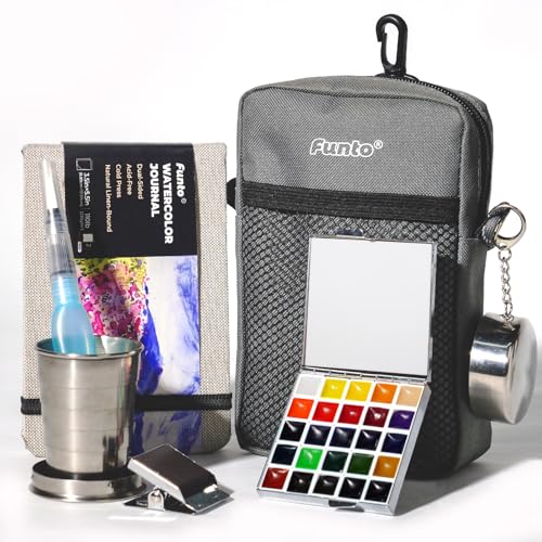 Funto Mini Watercolor Paint Set, Kit de pintura de acuarela de viaje premium todo en uno con 24 colores, con bolso cruzado, cuaderno de acuarelas, pincel de agua, ideal para amantes del arte