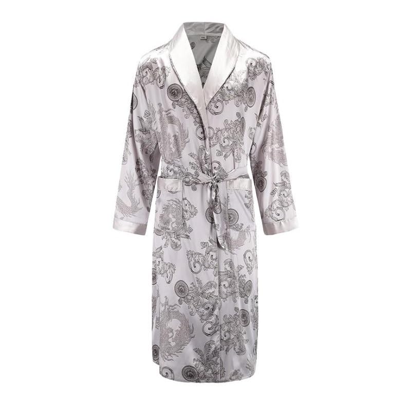 Szlafrok męski gładki，Szlafrok męski satynowy， Szata z długim rękawem, satynowy nadruk Smok Feniks Suknia kimono, codzienne ubrania domowe, luźna piżama L-XXL
