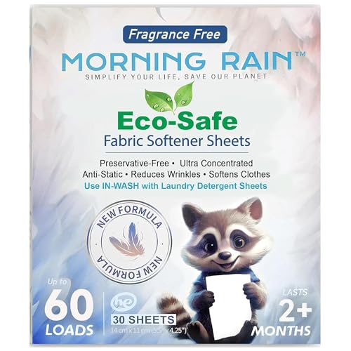 Image of MorningRain Eco Fabric Softener Sheets for Washing Machine - Fragrance-Free, Preservative-Free, Ultra-Concentrated - 30 Sheets for Up to 60 Loads, Anti-Static, Reduces Wrinkles, Softens Clothes