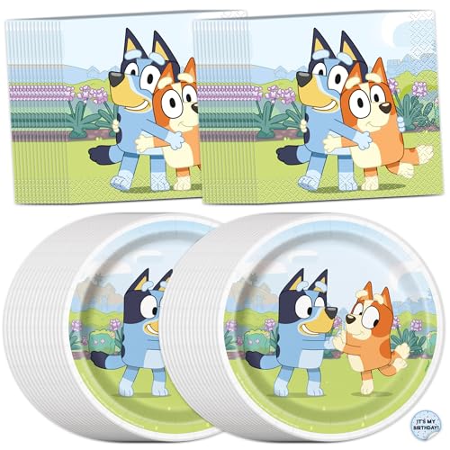 Bluey Birthday Decorations for Party | Dessert Plates and Napkins for 32 Guests | With Sticker | Officially Licensed