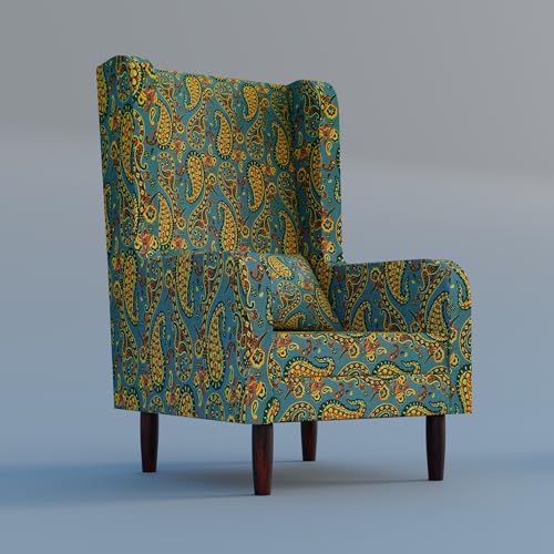 Image of Custom Decor Wooden Wing Chair with Ottoman Stool | Wingback for Living Room | One Seater Sofa | High Density Foam | Accent Chair for Seating and Home Decor Furniture | (Peacock Paisley, With Ottoman)