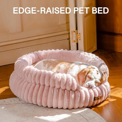 MEWOOFUN Stilvolle Katzenbetten für Katzen, weiches rundes Hundebett für kleine und mittelgroße Hunde, waschbares, beruhigendes Haustierbett (Rosa, S)