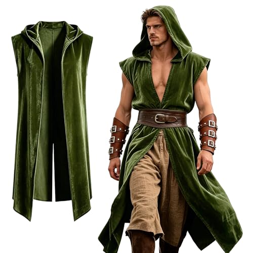 GFNWERTD Mens Medieval Sleeveless Hooded Surcoat Renaissance Costume Men for Halloween Assassin Cosplay (Green L)