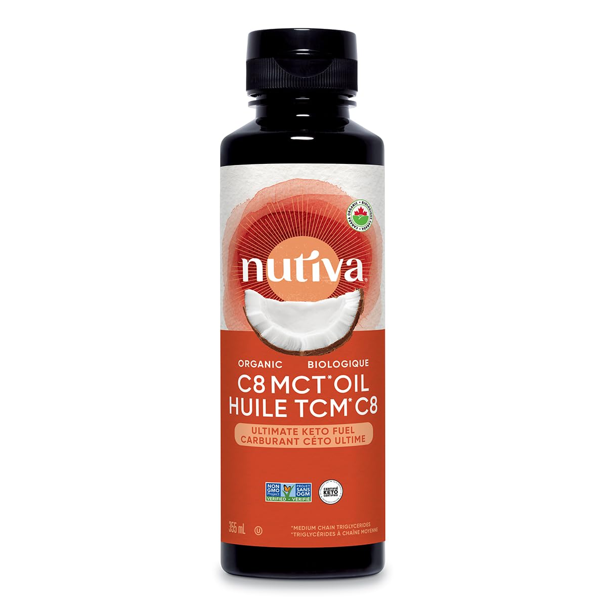 Nutiva Organic C8 MCT Oil, Ultimate Keto Fuel from Non-GMO Coconuts, 14g MCT 12 Fl Oz, USDA Organic, Whole 30, Vegan & Gluten-Free, Energy Boost to Coffee, Shakes and Salads